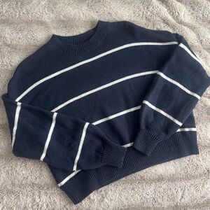 Hollister Navy and White Striped Crew Neck Sweater